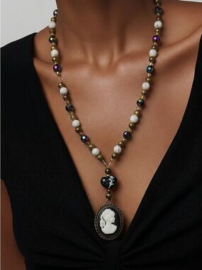 OOAK Cameo Pendant & Chain Genuine White Jade Victorian-Style